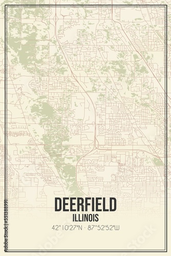 Retro US city map of Deerfield, Illinois. Vintage street map. photo