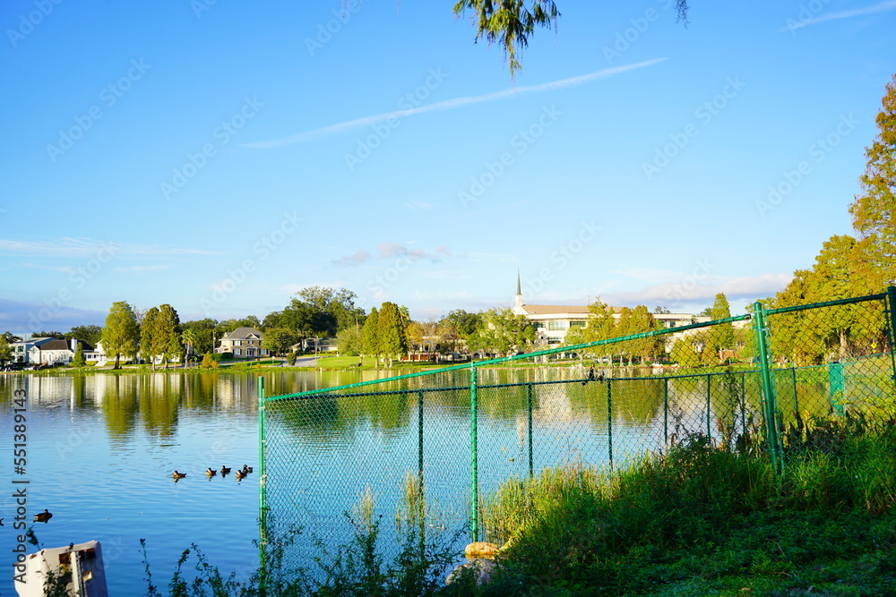 Fototapeta premium Sun set Landscape of city center of lakeland Florida
