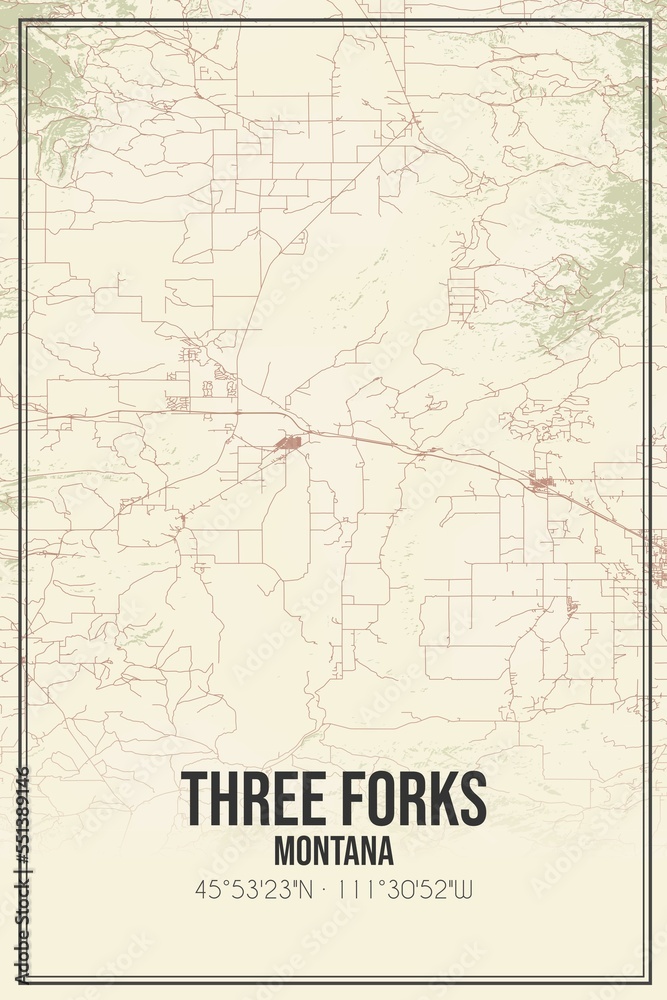 Fototapeta premium Retro US city map of Three Forks, Montana. Vintage street map.