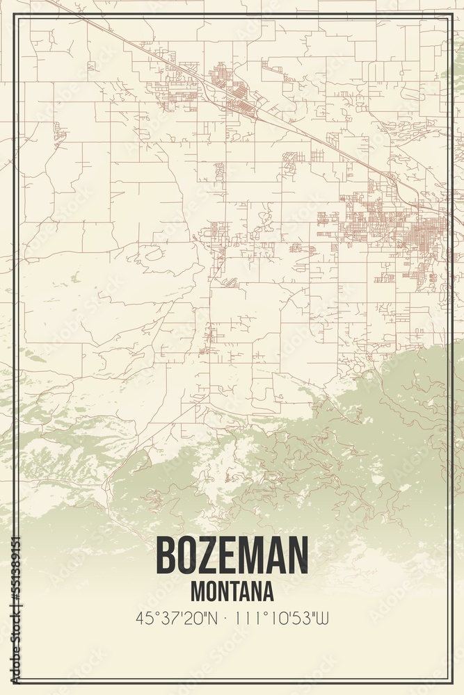 Retro US city map of Bozeman, Montana. Vintage street map.