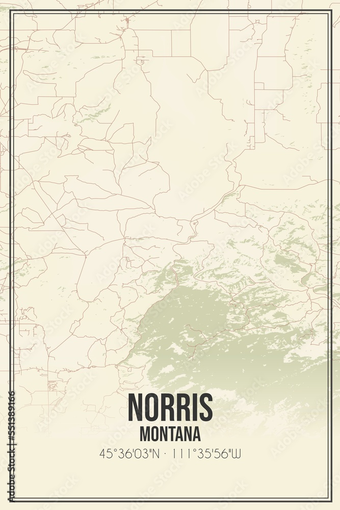 Retro US city map of Norris, Montana. Vintage street map.
