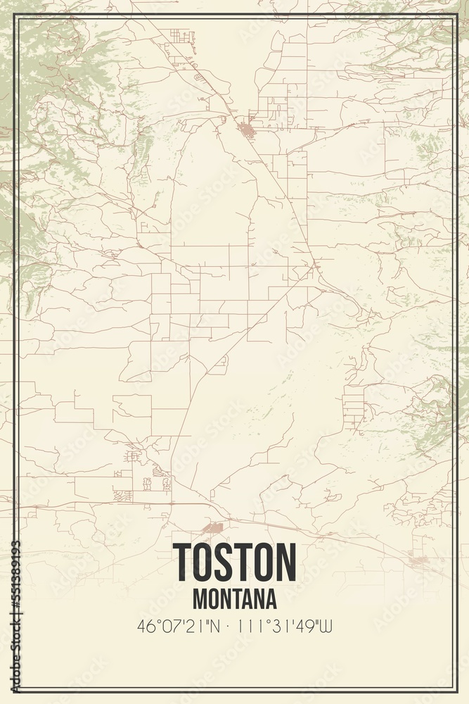 Retro US city map of Toston, Montana. Vintage street map.