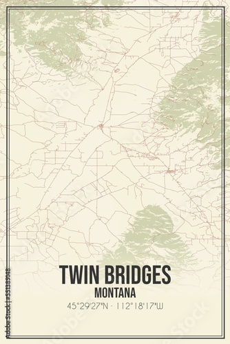 Retro US city map of Twin Bridges, Montana. Vintage street map. © Rezona