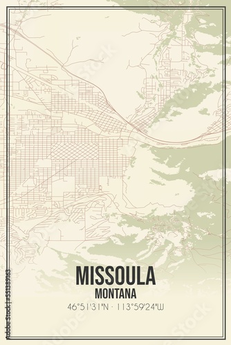 Retro US city map of Missoula, Montana. Vintage street map.