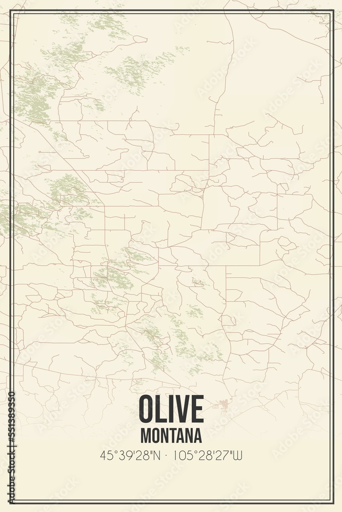 Retro US city map of Olive, Montana. Vintage street map.