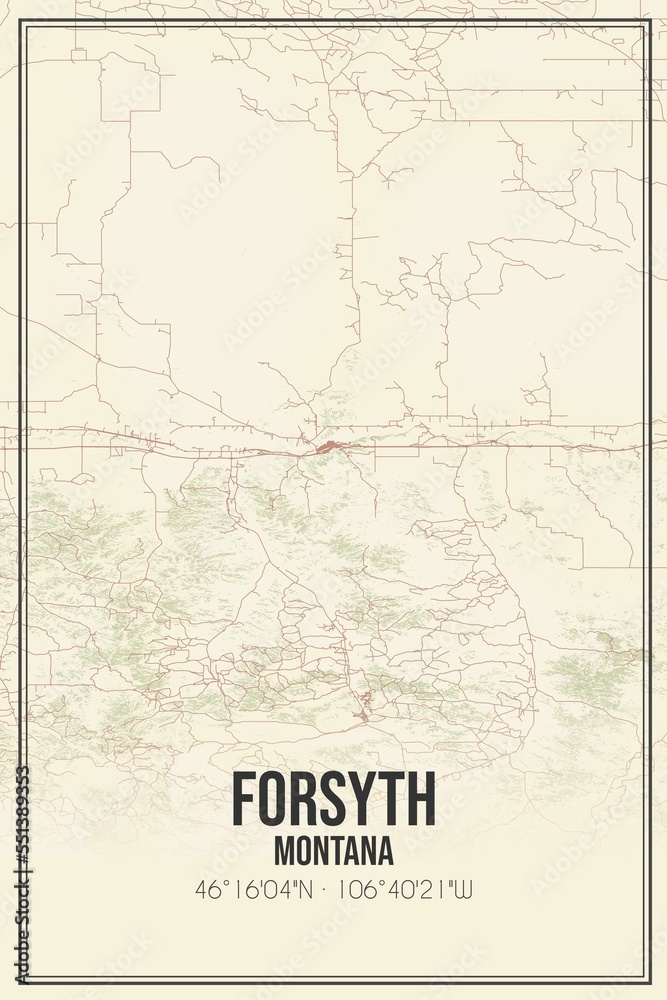 Retro US city map of Forsyth, Montana. Vintage street map.