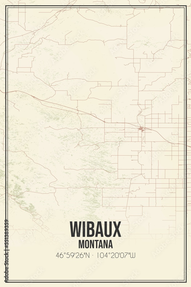 Retro US city map of Wibaux, Montana. Vintage street map.