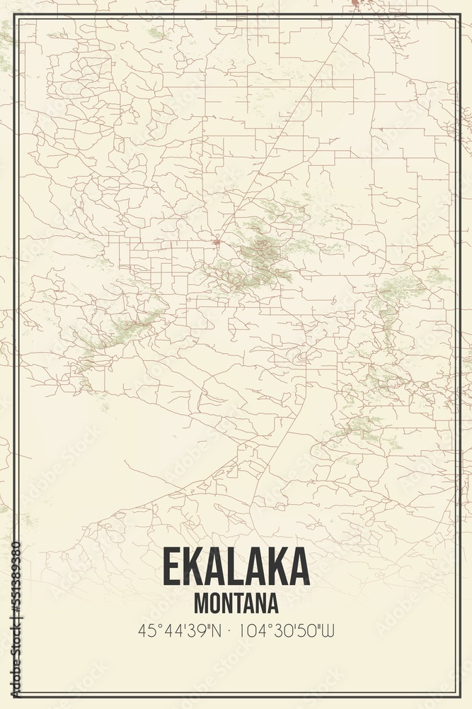 Retro US city map of Ekalaka, Montana. Vintage street map.