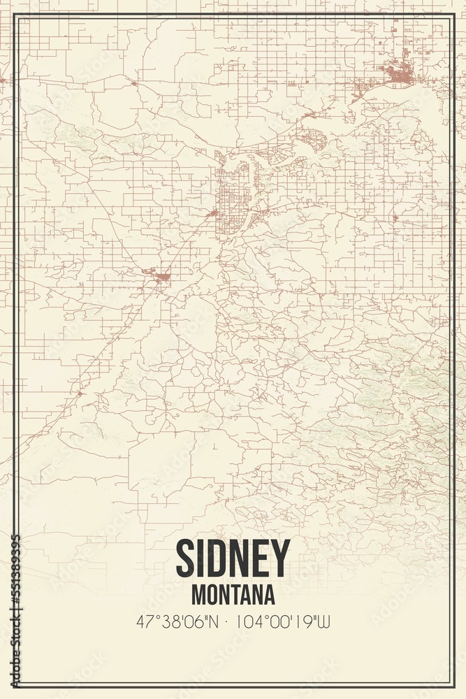 Retro US city map of Sidney, Montana. Vintage street map.