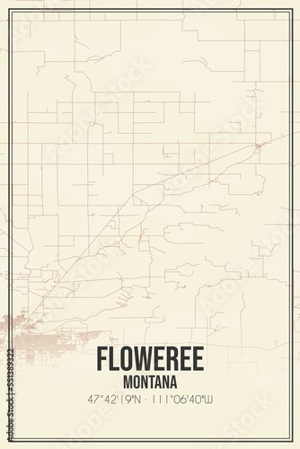 Retro US city map of Floweree, Montana. Vintage street map. photo