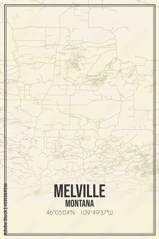 Retro US city map of Melville, Montana. Vintage street map.