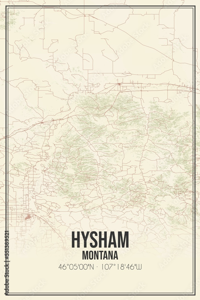 Retro US city map of Hysham, Montana. Vintage street map.