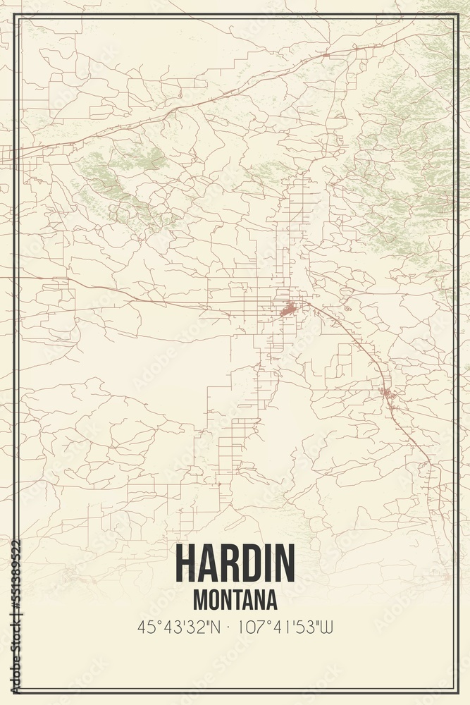 Retro US city map of Hardin, Montana. Vintage street map.