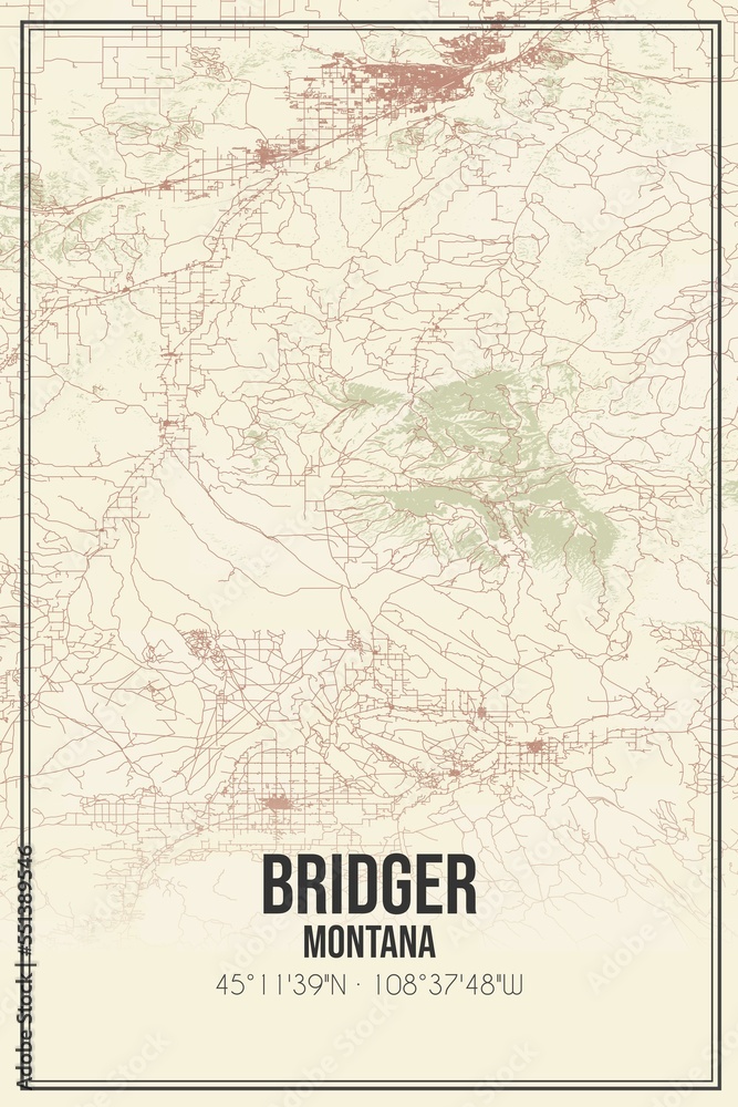 Retro US city map of Bridger, Montana. Vintage street map.