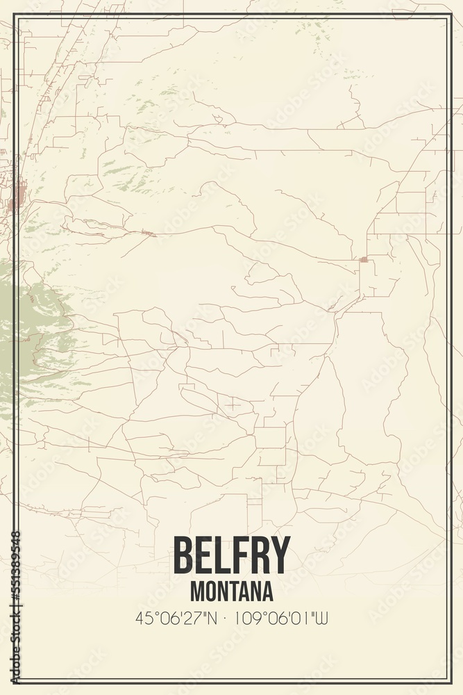 Retro US city map of Belfry, Montana. Vintage street map.