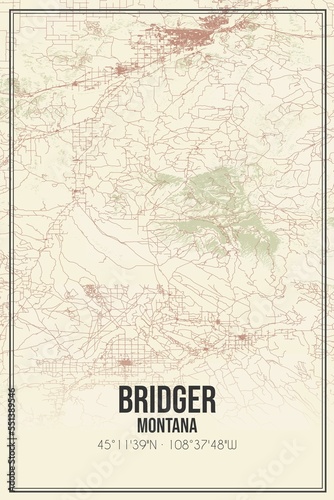 Retro US city map of Bridger, Montana. Vintage street map.