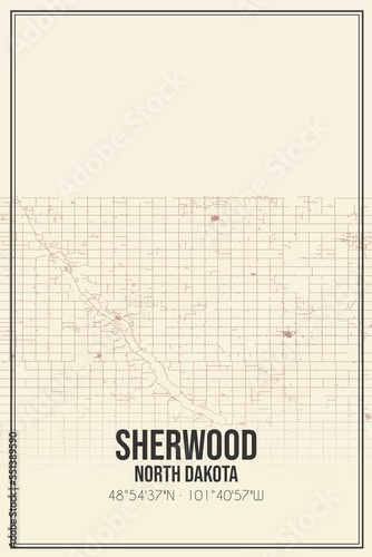 Retro US city map of Sherwood, North Dakota. Vintage street map. photo