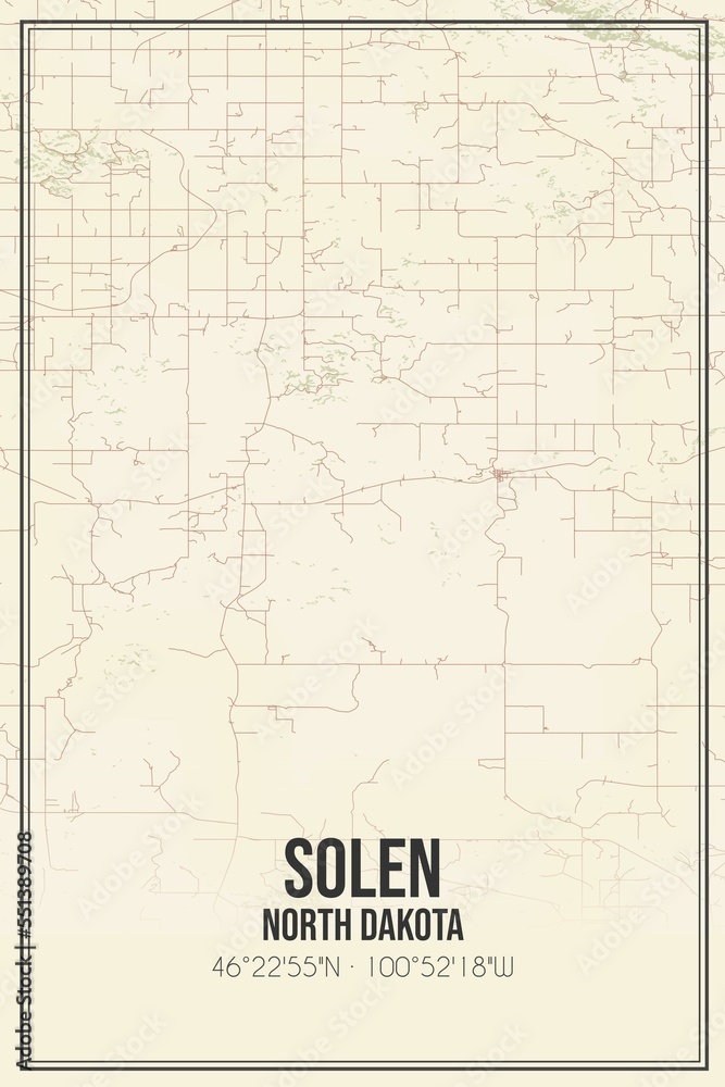 Retro US city map of Solen, North Dakota. Vintage street map.
