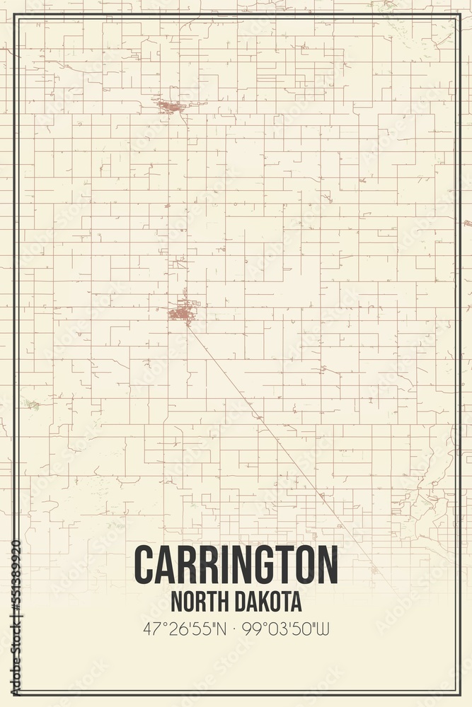 Retro US city map of Carrington, North Dakota. Vintage street map