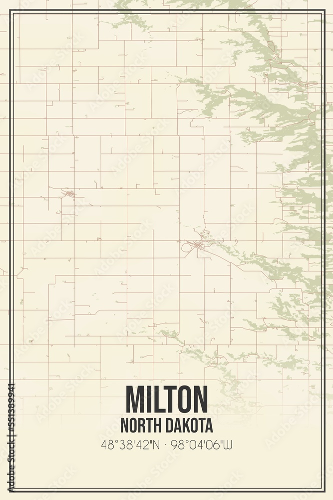 Retro US city map of Milton, North Dakota. Vintage street map.
