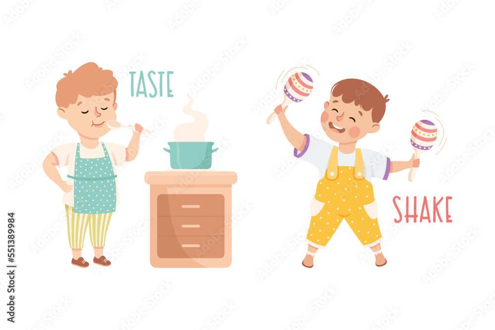 Little Boy Tasting Soup and Shaking Maraca Demonstrating Vocabulary and Verb Studying Vector Set