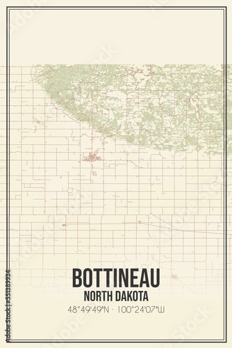 Retro US city map of Bottineau, North Dakota. Vintage street map. photo