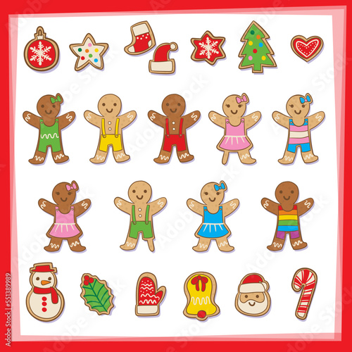 Beautiful and inclusive gingerbread cookies pack with christmas decoration (santa claus, bell, star, snowflake, etc) and no binary, disabled, different races, sexual orientation and genders characters