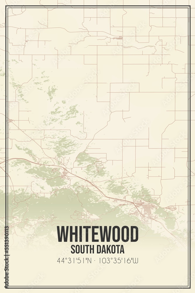 Retro US city map of Whitewood, South Dakota. Vintage street map.