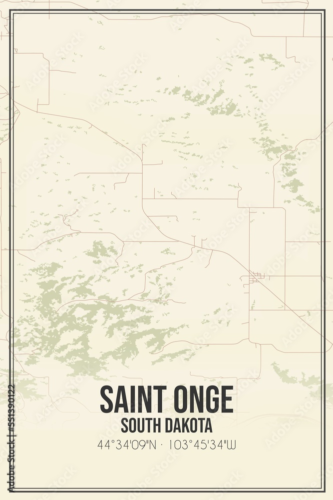 Retro US city map of Saint Onge, South Dakota. Vintage street map.