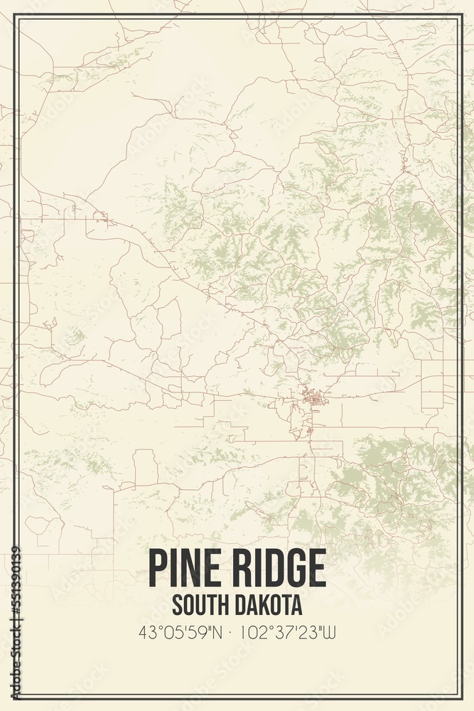 Retro US city map of Pine Ridge, South Dakota. Vintage street map.