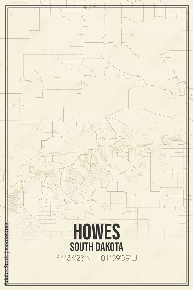 Fototapeta premium Retro US city map of Howes, South Dakota. Vintage street map.