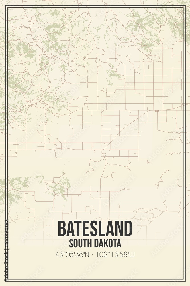 Retro US city map of Batesland, South Dakota. Vintage street map.