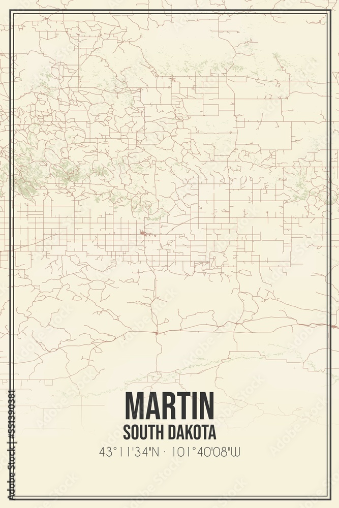 Retro US city map of Martin, South Dakota. Vintage street map.