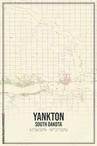 Retro US city map of Yankton, South Dakota. Vintage street map. photo