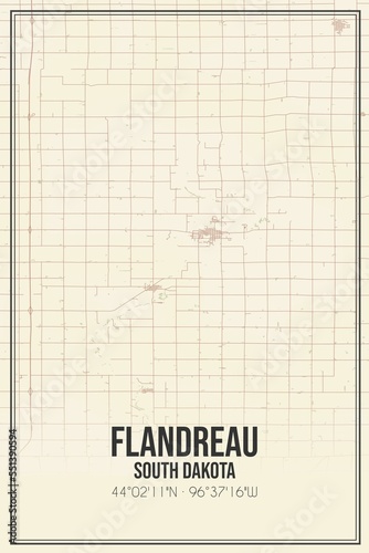 Retro US city map of Flandreau, South Dakota. Vintage street map.