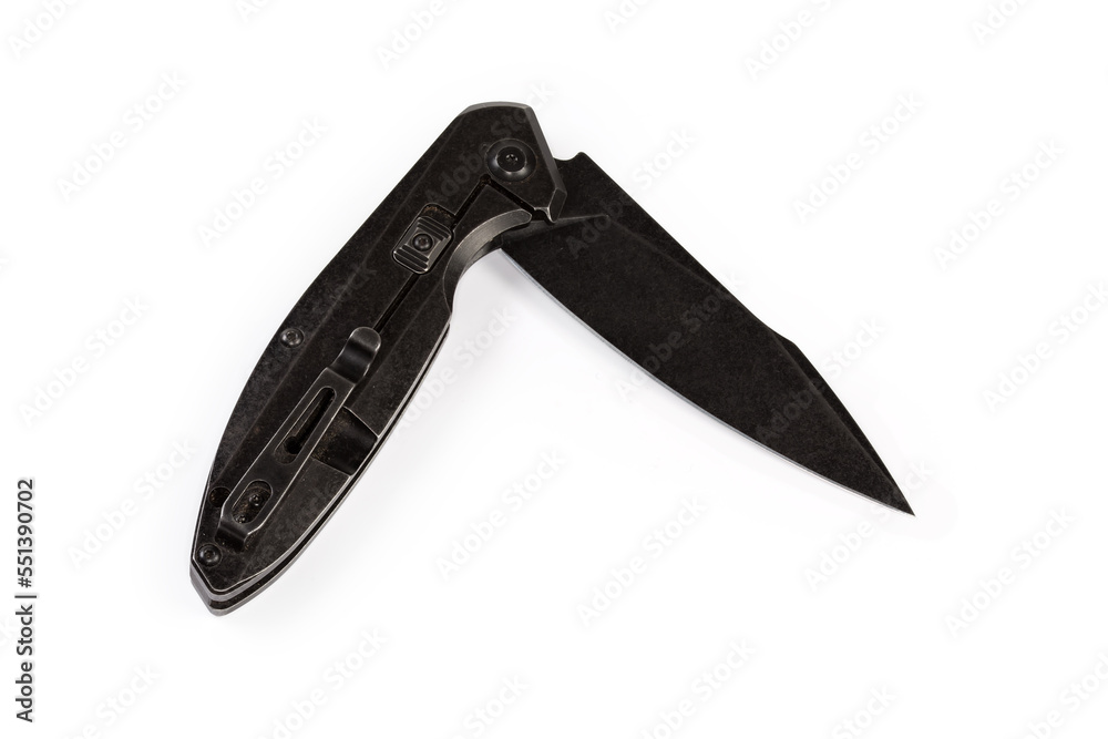 Obraz premium Pocket knife with partly folded pivoted locking blade, top view