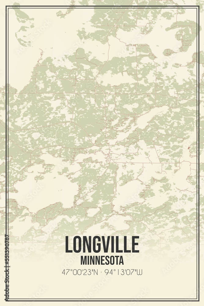 Retro US city map of Longville, Minnesota. Vintage street map.