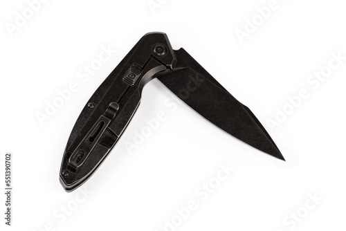 Pocket knife with partly folded pivoted locking blade, top view
