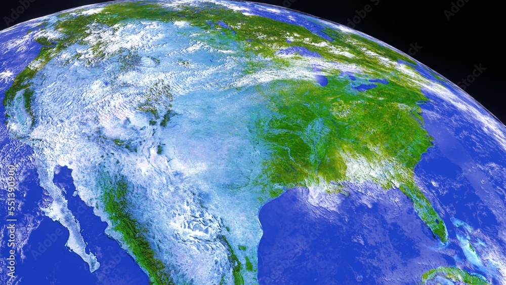 The earth focus on America as green and light blue planet view. Elements of this image furnished by NASA.