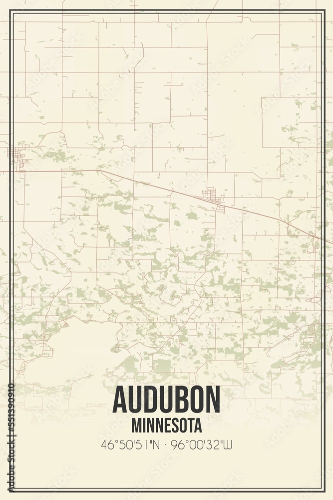 Retro US city map of Audubon, Minnesota. Vintage street map.