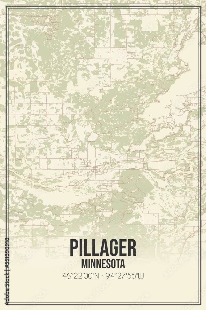 Fototapeta premium Retro US city map of Pillager, Minnesota. Vintage street map.