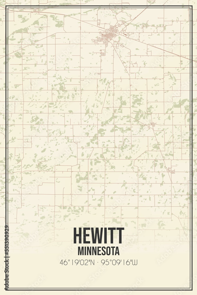 Retro US city map of Hewitt, Minnesota. Vintage street map.