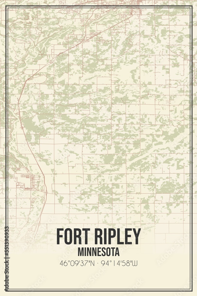 Retro US city map of Fort Ripley, Minnesota. Vintage street map.