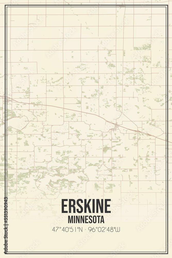 Retro US city map of Erskine, Minnesota. Vintage street map.