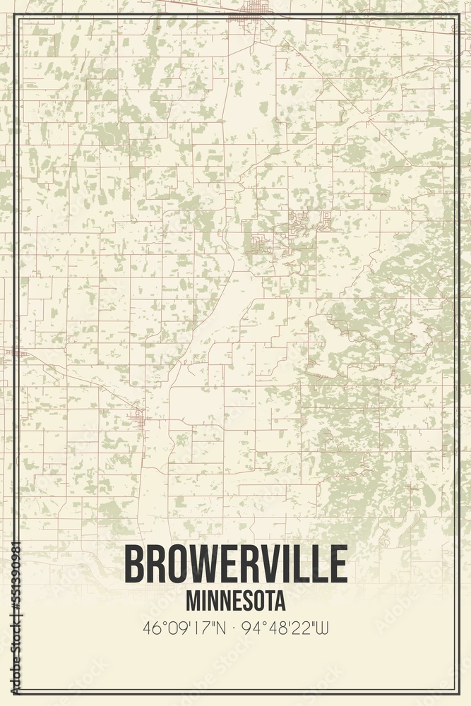 Retro US city map of Browerville, Minnesota. Vintage street map.