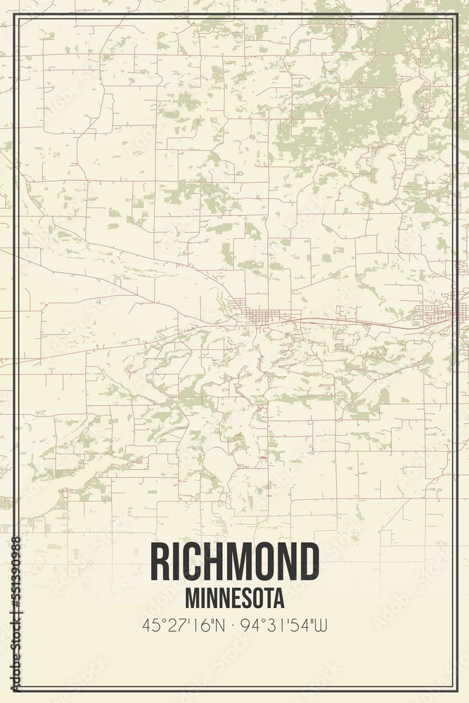 Retro US city map of Richmond, Minnesota. Vintage street map.