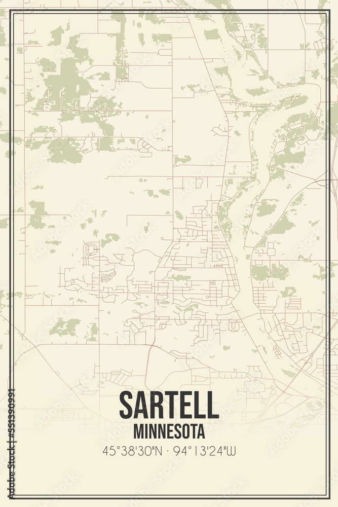 Retro US city map of Sartell, Minnesota. Vintage street map.