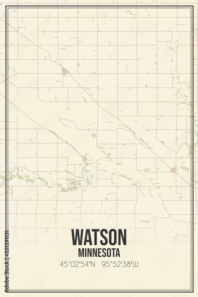 Retro US city map of Watson, Minnesota. Vintage street map.