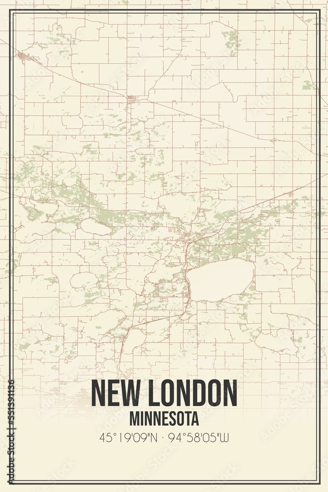 Retro US city map of New London, Minnesota. Vintage street map.