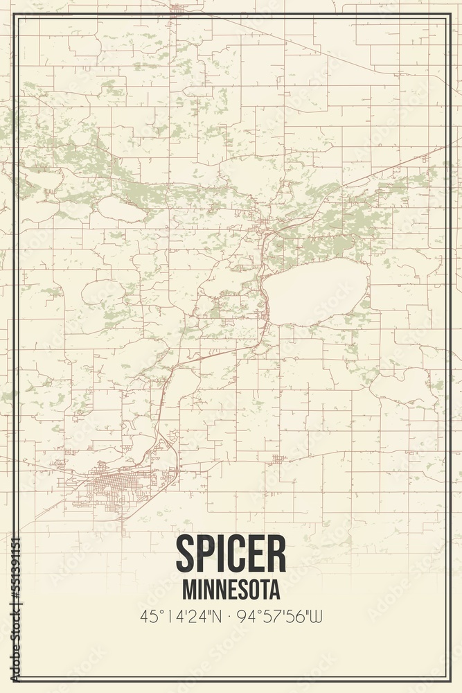Retro US city map of Spicer, Minnesota. Vintage street map.
